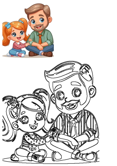 Adorable cartoon clipart of a happy father and his little princess daughter sitting together, smiling. Perfect for family and love themes.