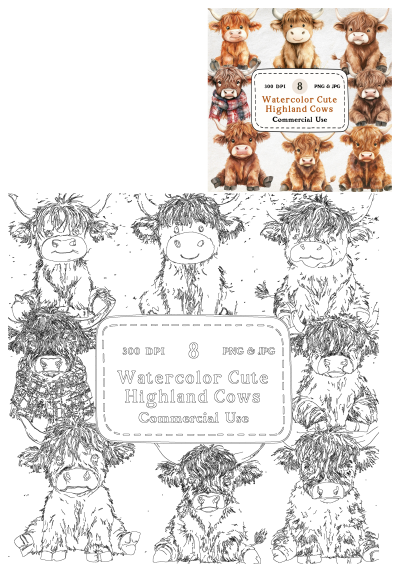 Adorable watercolor Highland cow clipart digital download set with various poses and outline versions, perfect for commercial use projects.