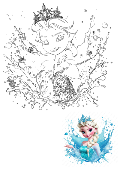 Frozen Princess Elsa conjures ice powers with a dynamic water splash. This line art captures her magical abilities in stunning detail.