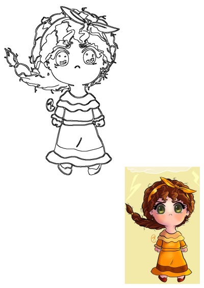 Pepa Madrigal chibi fanart outline from Encanto, looking cute and angry. Includes a small full-color illustration for reference.