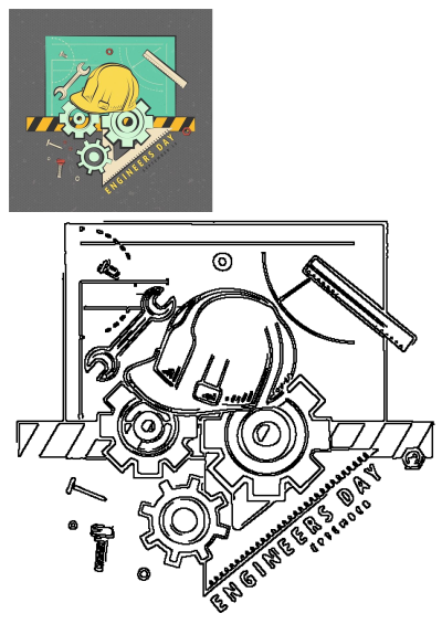 Engineers Day illustration with a yellow hard hat, wrench, gears, blueprint elements, and construction tools.