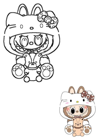 Hello Kitty Bear Cartoon Character wearing a cute Hello Kitty hood with a polka-dotted bow, holding a teddy bear. Features both line art and colored versions of this charming illustration.