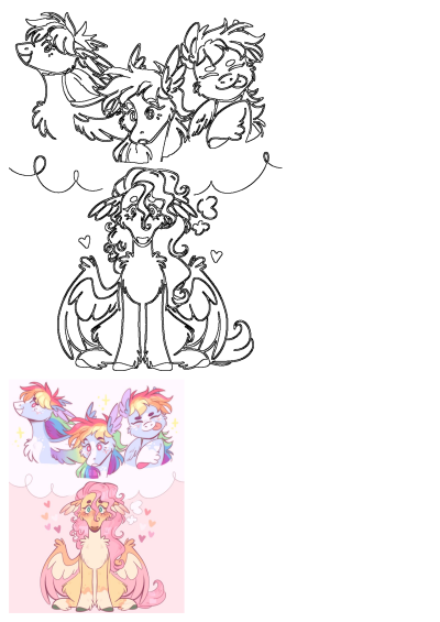 A collection of cute digital pony illustrations and sketches. Features ponies with colorful rainbow manes and a pink pegasus on a soft pink background.