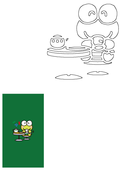Keroppi cartoon character enjoying a snack and drink at a table with a teapot. Includes vibrant colored art and a line art outline.