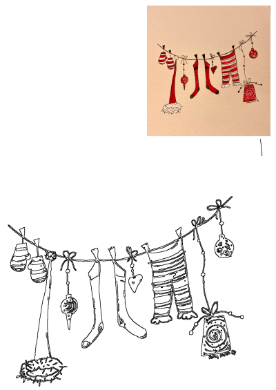 A whimsical Christmas laundry line features red and white striped socks, mittens, pajamas, ornaments, gift, and a heart.