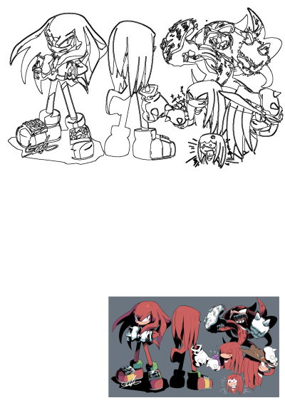Knuckles the Echidna fan art featuring various poses, including both detailed line art and colored illustrations of his determined, powerful, and relaxed forms.