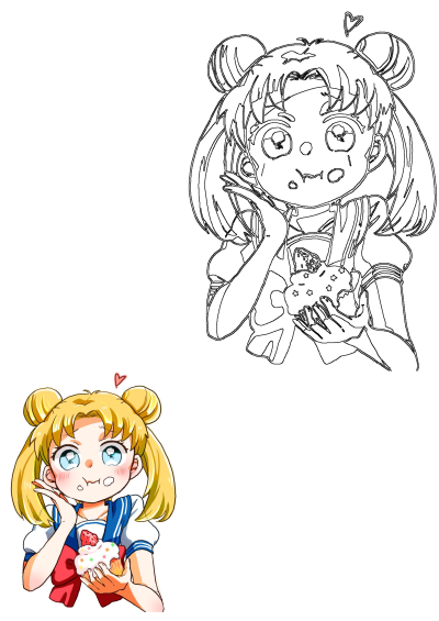Blonde Anime Girl Sailor Moon Style eating a sweet strawberry cupcake, showcasing both a colored illustration and outline art.