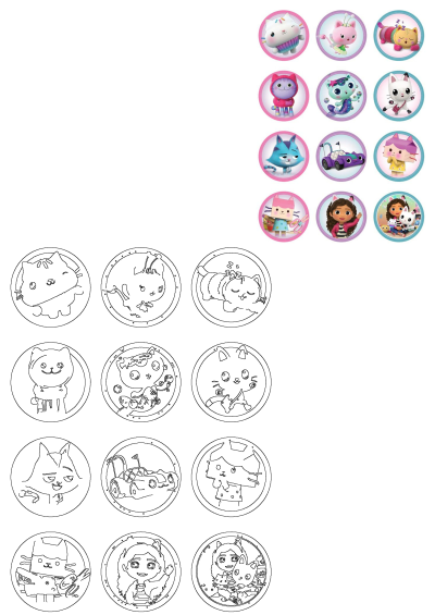 Printable Littlest Pets cupcake toppers featuring Gabby's Dollhouse characters, plus matching line art for fun coloring activities.