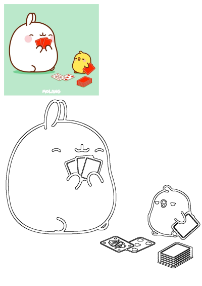 Molang and Piupiu play a fun cartoon card game. Molang smiles holding red cards, while Piupiu holds cards with a thoughtful expression.