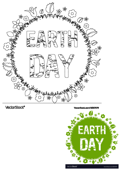 An Earth Day logo featuring distressed text 'EARTH DAY' as a black and white outline, encircled by decorative flowers, leaves, and grass.