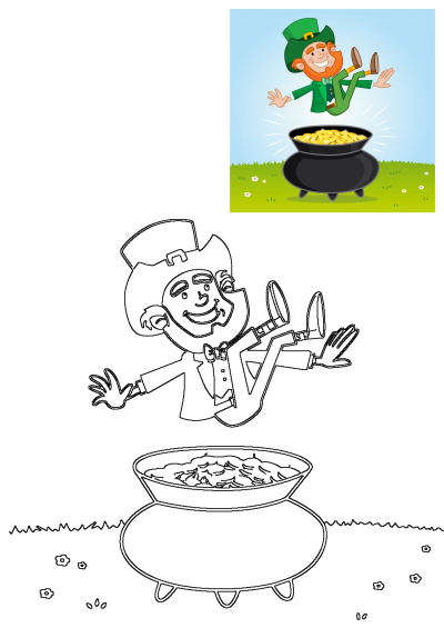 A joyful leprechaun jumps from a pot of gold for St. Patrick's Day, presented as both a colorful illustration and an outline for coloring.