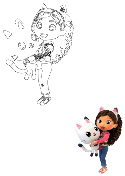 A cartoon girl with curly hair and cat ears, wearing a pink top, holds a white cat and smiles at the camera. Includes a line art outline.