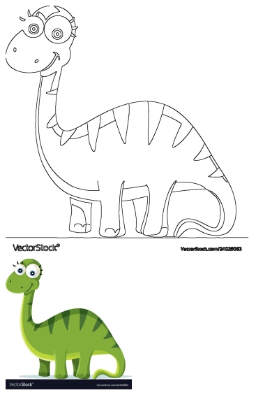 A friendly cartoon green dinosaur with big eyes and a smile. Features a vibrant colored illustration and a black-and-white outline.