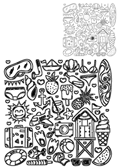 Black and white doodle drawing featuring various summer vacation items like a surfboard, sun, beach hut, ice cream, and snorkel gear.