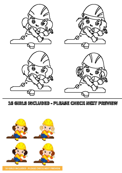 Cute construction builder girls vector clipart set. Features both line art outlines and full-color illustrations of girls in hard hats holding hammers.