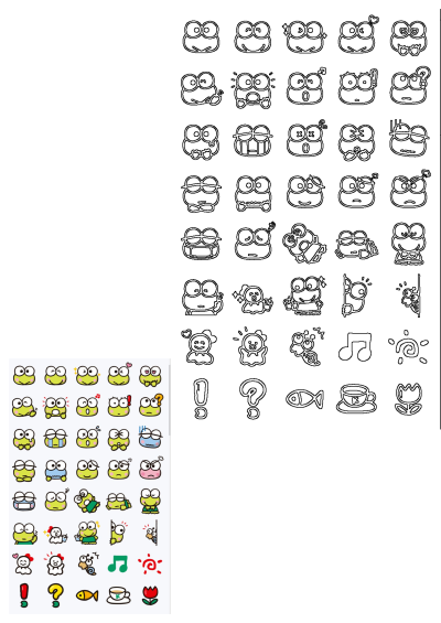 Keropi Character Stickers All Different Colors, a vibrant collection of various expressions, poses, and icons, also featuring outline designs.