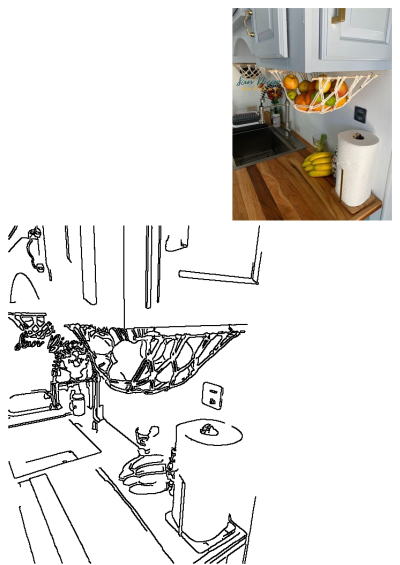 Stylish macrame fruit hammock organizing fresh fruit over a warm wooden kitchen counter. Includes paper towels, bananas, and a sink area.