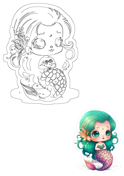 A cute little mermaid sticker featuring green hair, bright blue eyes, holding a small sea creature, with a shiny purple tail. Includes line art outline.
