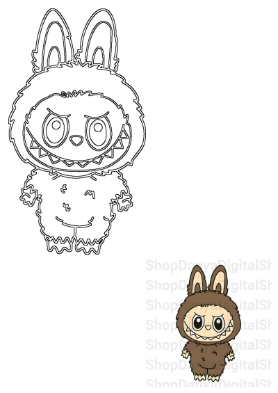 Fluffy brown cartoon monster bunny character with big, expressive eyes and a grumpy, jagged-toothed smile.