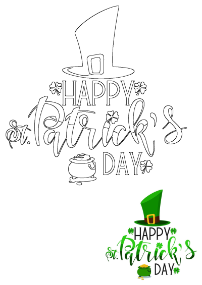 Happy St. Patrick's Day greeting card featuring a green leprechaun hat, pot of gold with coins, and shamrocks.