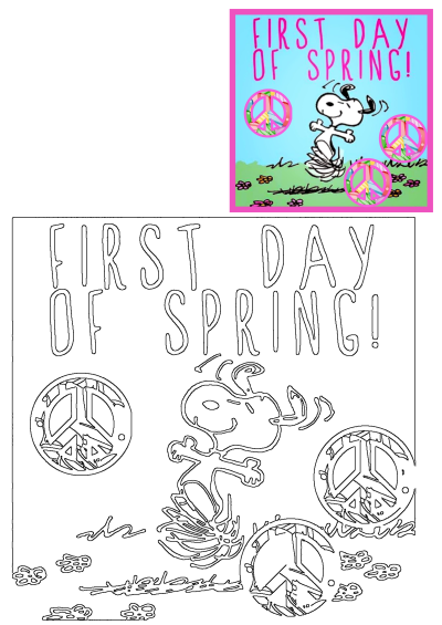 Snoopy joyfully celebrates the First Day of Spring, surrounded by vibrant peace signs and flowers, with a matching outline image.