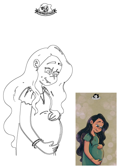 Sweet cartoon illustration of a pregnant woman with long dark hair in a green dress, gently embracing her baby bump with a soft smile.