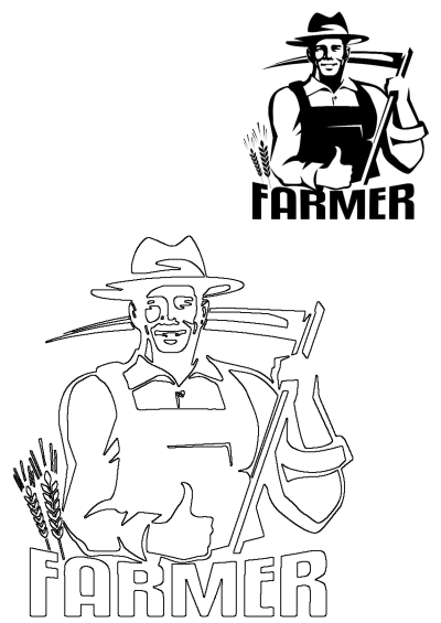 Vintage black and white illustration of a smiling farmer in a hat and overalls, holding a pitchfork, with wheat and thumbs-up.