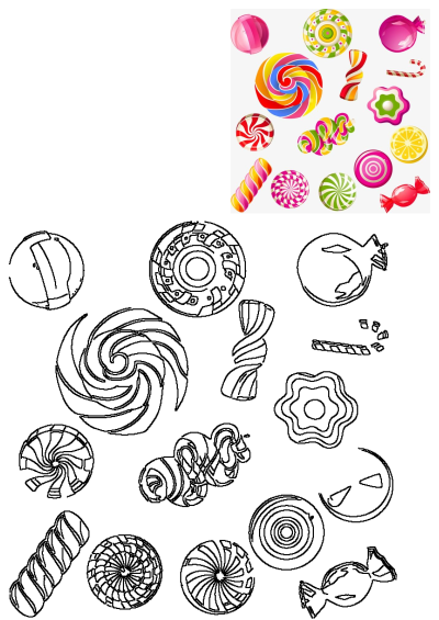 A vibrant illustration featuring assorted colorful candies and lollipops on a white background, accompanied by black outline versions.