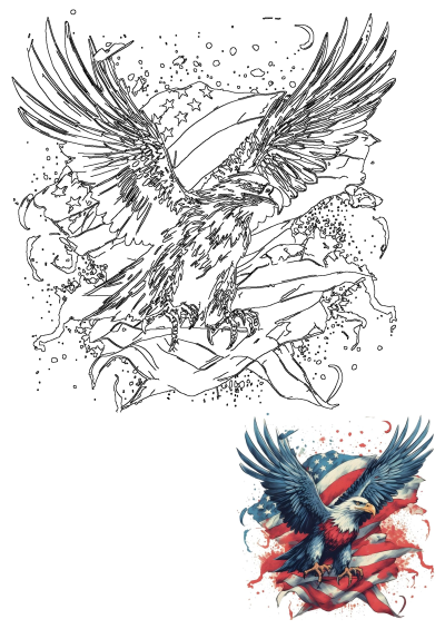 Majestic bald eagle with powerful spread wings, soaring above the American flag, an iconic patriotic symbol of freedom and strength.