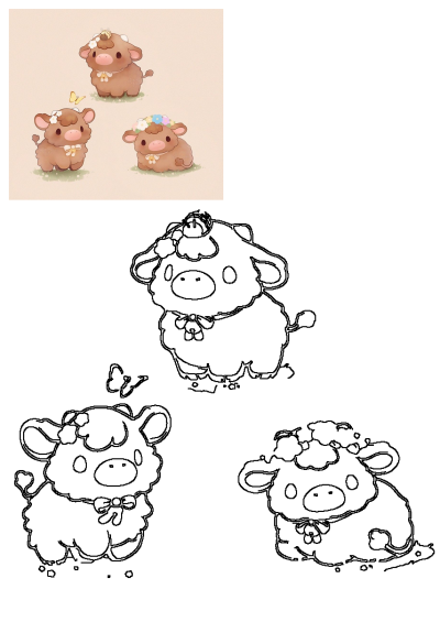 Three adorable fluffy cartoon baby cows wearing colorful flower crowns, with a playful bee and butterfly, on green grass.