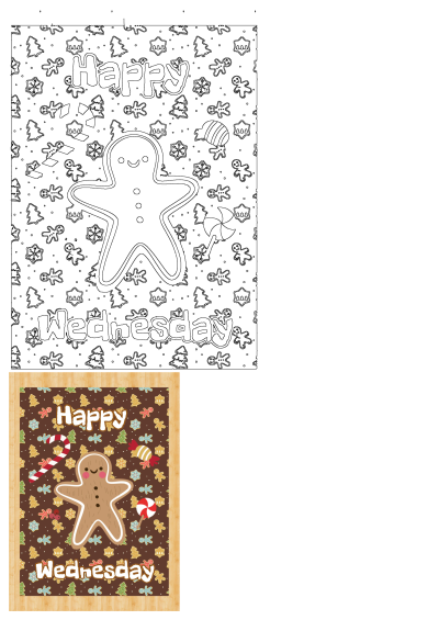 Happy Wednesday gingerbread cookies holiday art, featuring a cheerful gingerbread man surrounded by festive trees, snowflakes, and candies on a brown background.
