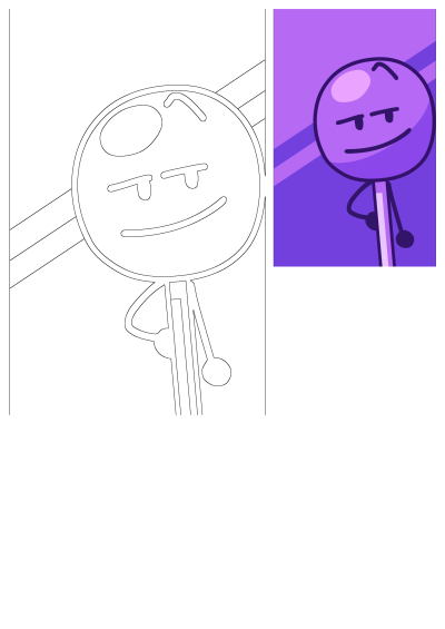 A vibrant purple lollipop character with a smug expression against a purple background, alongside its black and white line art for coloring.