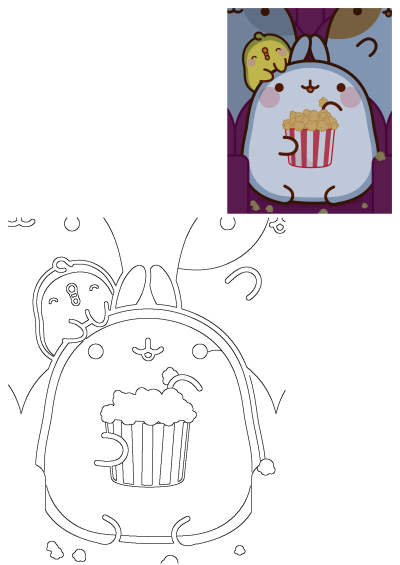 A cute cartoon rabbit and a lemon character are enjoying a movie night, sharing a large bucket of popcorn in a theater.