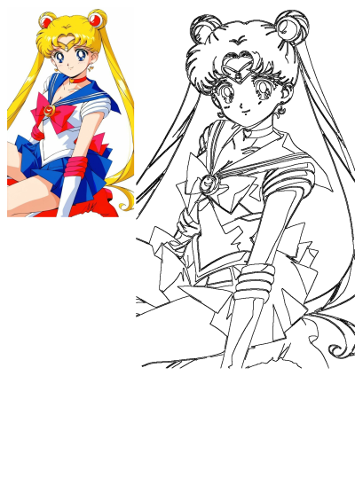 Sailor Moon, an anime character with blonde hair and blue eyes, depicted in a vibrant colored artwork and a clean line art version.