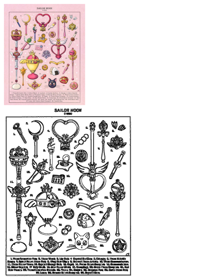 Vibrant pink and gold illustration of iconic 1992 Sailor Moon items: wands, compacts, brooches, and accessories, with an outline guide.