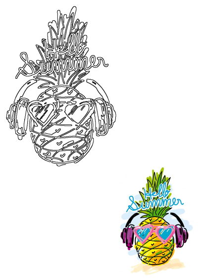 A vibrant pineapple illustration wearing pink headphones and blue heart sunglasses, with 'Hello Summer' text. Includes a black and white outline.