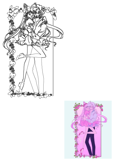 Romantic anime couple embracing in a decorative floral frame with vines. Features a black and white outline alongside a pastel colored version.