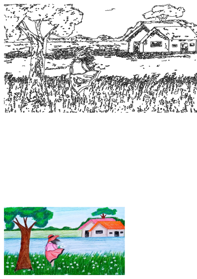 A vibrant child's drawing depicts a girl in a red hat and pink dress standing near a tree, with a house and a river in a rural landscape.