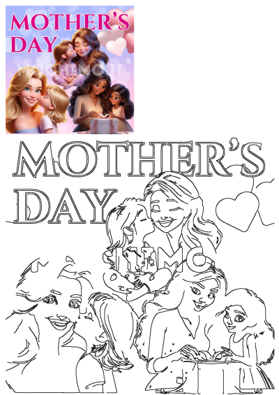 Mothers Day Personalized Gifts Cards Social Media Promotion shows mothers and daughters sharing gifts and hugs; includes a coloring page outline.