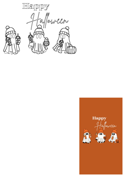 Festive Happy Halloween illustration featuring three cute ghosts in beanies, holding boba drinks and a carved pumpkin, ideal for fall decor.