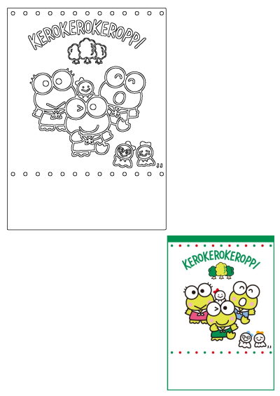 Kerokerokeroppi cartoon characters illustration featuring Keroppi and friends, presented as both an outline and a vibrant colored version.