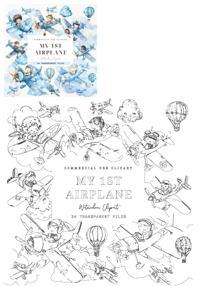 Watercolor airplane clipart set with cute kids flying planes, hot air balloons, and clouds. Includes black and white outlines for commercial use.
