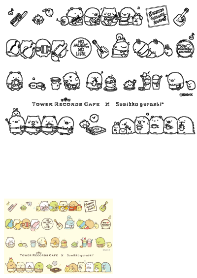 Sumikko Gurashi characters in a Tower Records Cafe collaboration lineup, with black-and-white outlines and colorful art of them making music and enjoying cafe treats.
