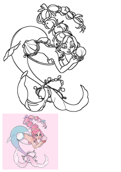 Detailed line art illustration of a pink-haired mermaid, holding a seashell, with bows in her hair and pearls on her tail.