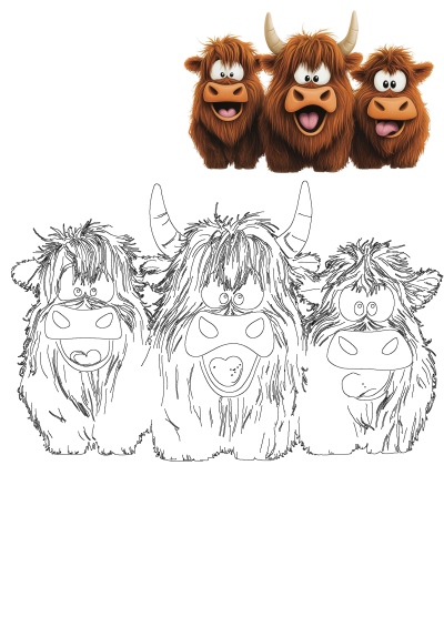 Funny Highland Cow Clipart Png Digital Download featuring three cute, shaggy brown cows. Includes a vibrant color image and an outline version for versatile projects.