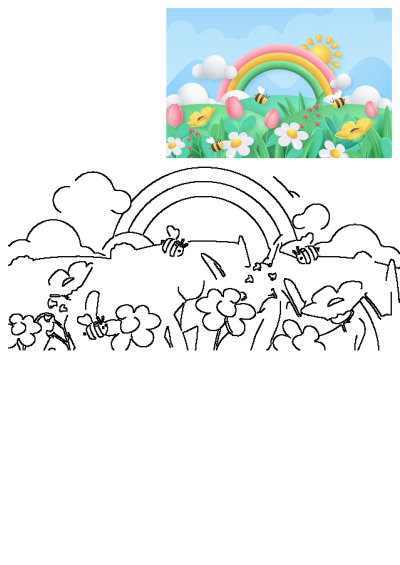 A vibrant, whimsical 3D spring landscape illustration featuring a colorful rainbow, bright sun, fluffy clouds, blooming flowers, and buzzing bees.