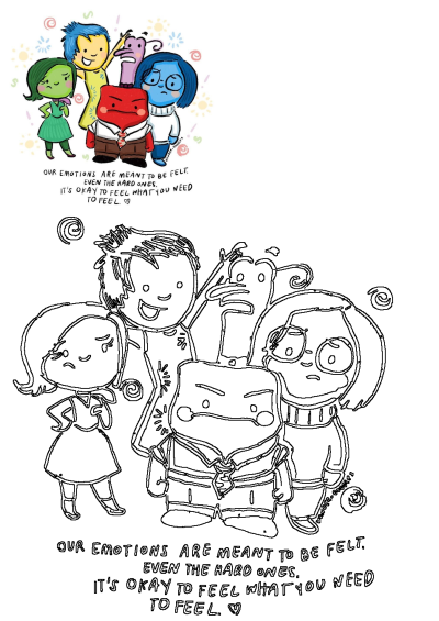 Inside Out characters Joy, Sadness, Anger, Disgust, Fear stand with an emotional message: 'Our emotions are meant to be felt.'