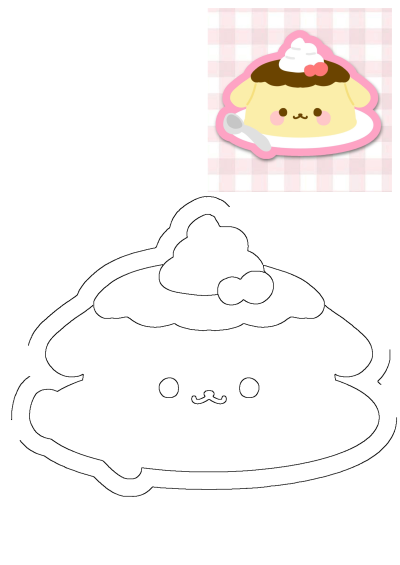 A cute Pompompurin pudding dessert on a pink checkered tablecloth, alongside its black and white outline.