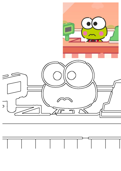 Keroppi cartoon character at desk working on computer, showing a worried expression in both color and outline versions.