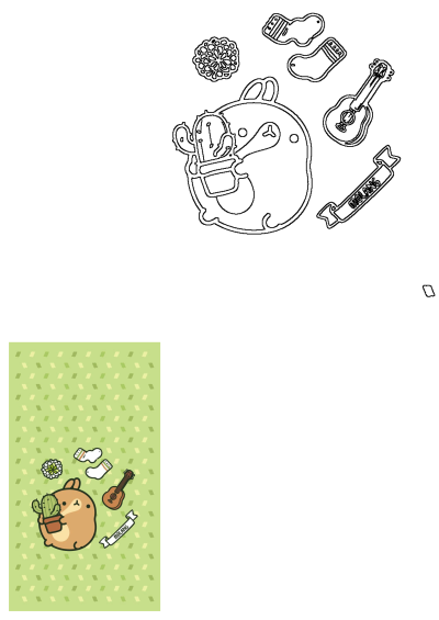 Cute Molang animal holding a potted cactus, surrounded by a guitar, socks, and a flower, all on a vibrant green patterned background.